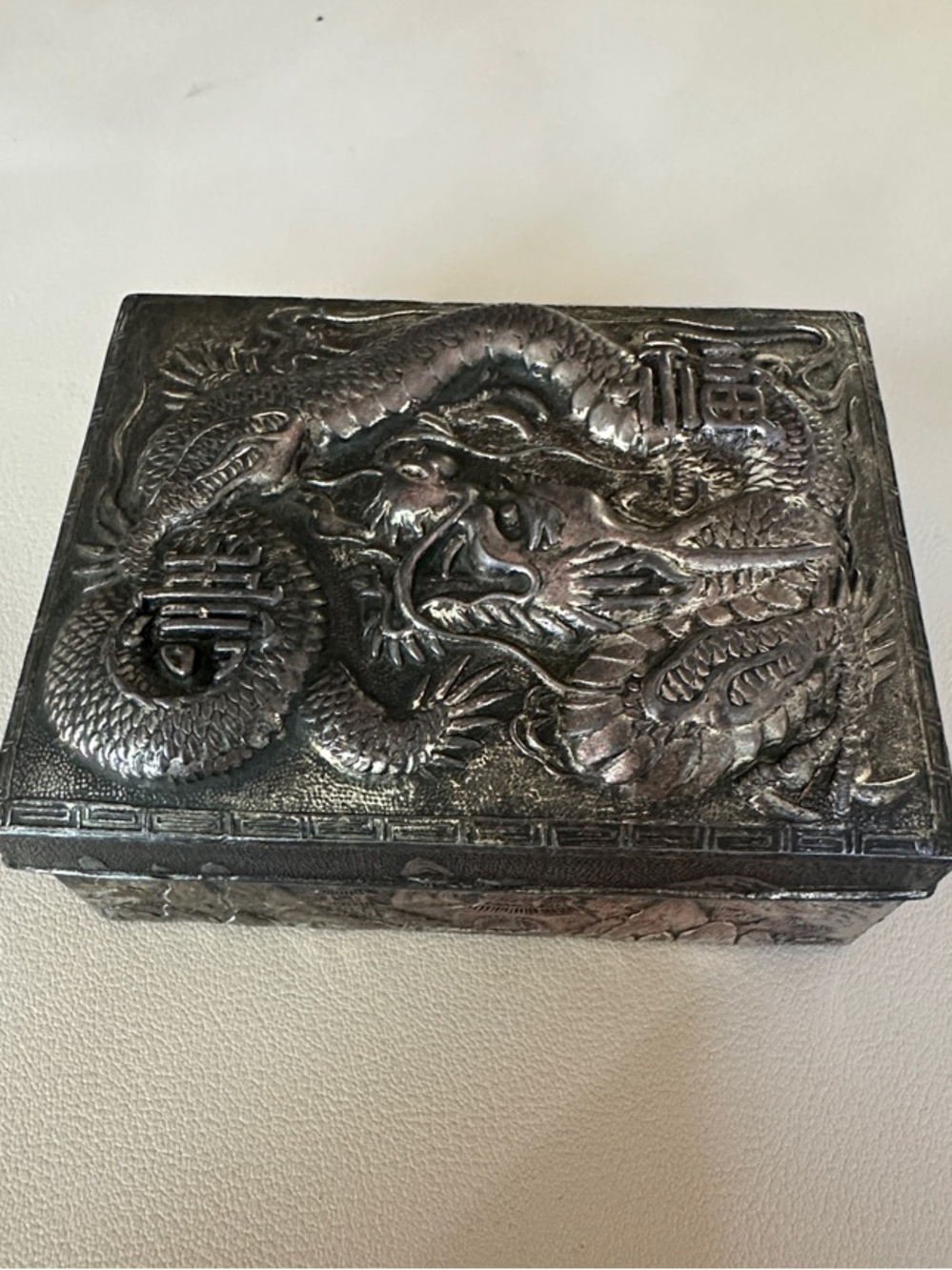 Vintage Japanese Cedar-Lined Repousse Cigarette Dragon silver Metal Trinket Box